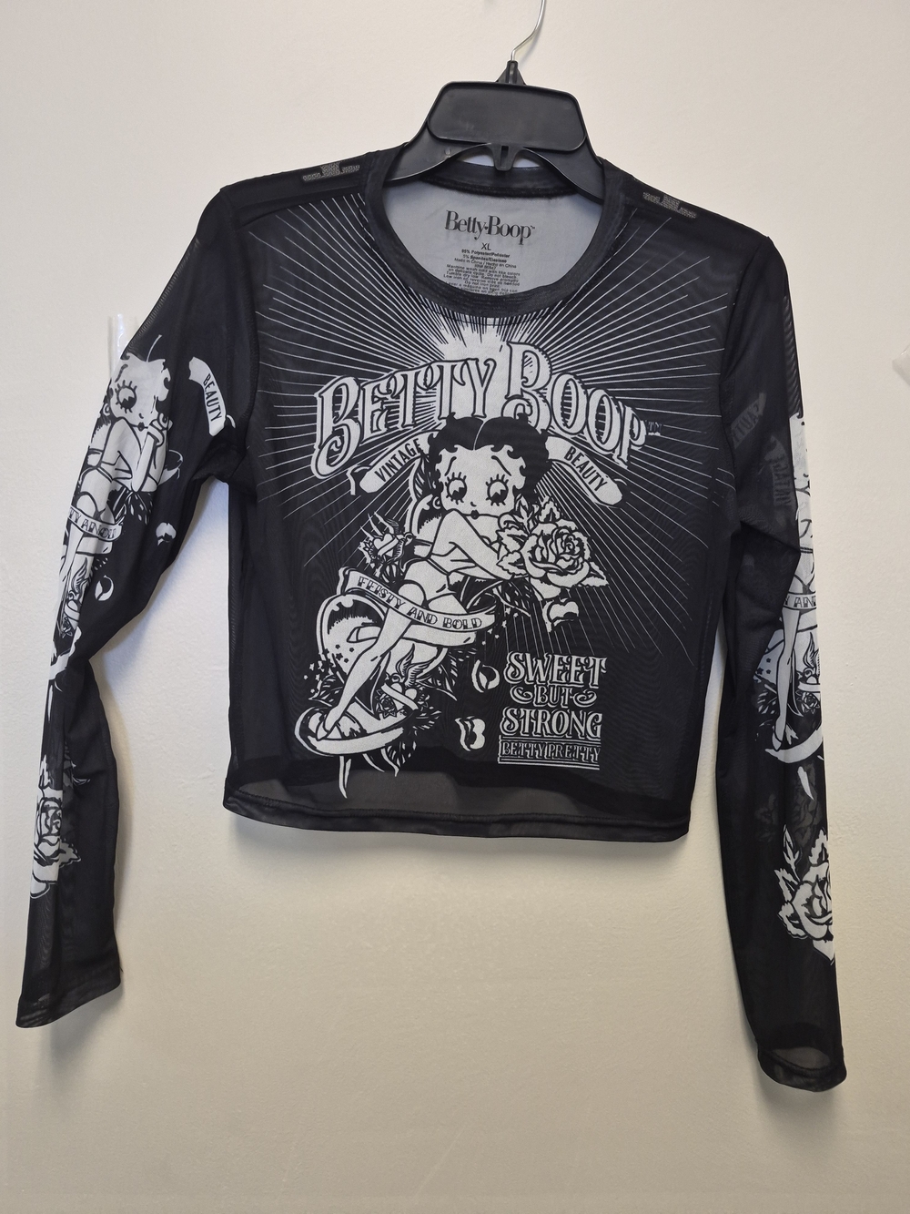 Betty Boop Black & White Graphic Mesh Long Sleeve Crop Top